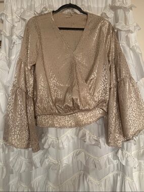 Peach Love California Metallic Beige Animal-Print Wrap Blouse